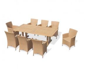 Cadogan Teak Pedestal Table 2.25m & 8 Riviera Rattan Armchairs, flat weave
