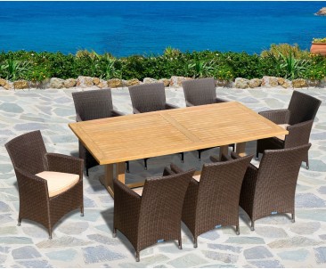 Cadogan Teak Pedestal Table 2.25m & 8 Riviera Rattan Armchairs, flat weave
