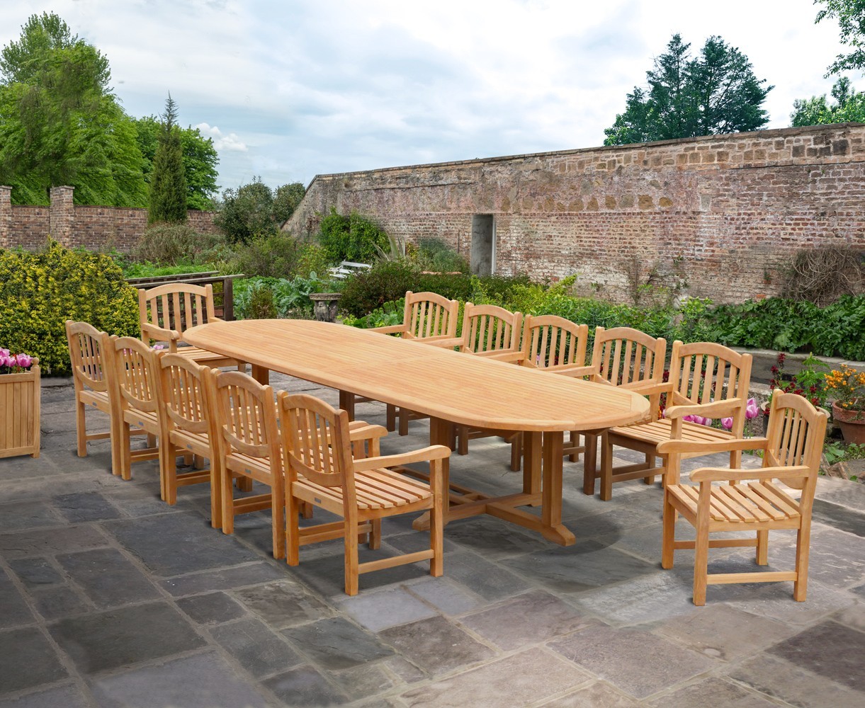 Hilgrove Large Oval Teak Garden Table and 12 Armchairs Set