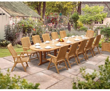 Hilgrove 12 Seater 4m Teak Oval Dining Set with Bali Reclining Chairs - Armchairs