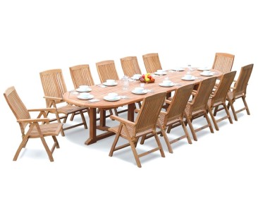 Hilgrove 12 Seater Teak Oval Dining Set with Bali Reclining Chairs