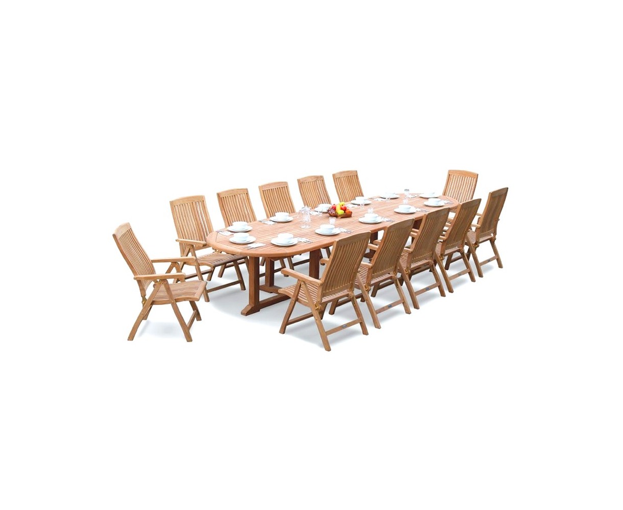 Hilgrove 12 Seater Teak Oval Dining Set with Bali Reclining Chairs