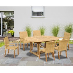 St. Tropez Teak Garden Table and 6 Rattan Stackable Chairs Set