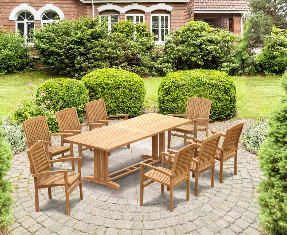 Cadogan Garden Pedestal Table 2.25m & 8 Bali Stacking Chairs