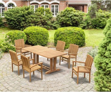 Cadogan Teak Pedestal Table 1.8m & 6 Bali Stacking Chairs