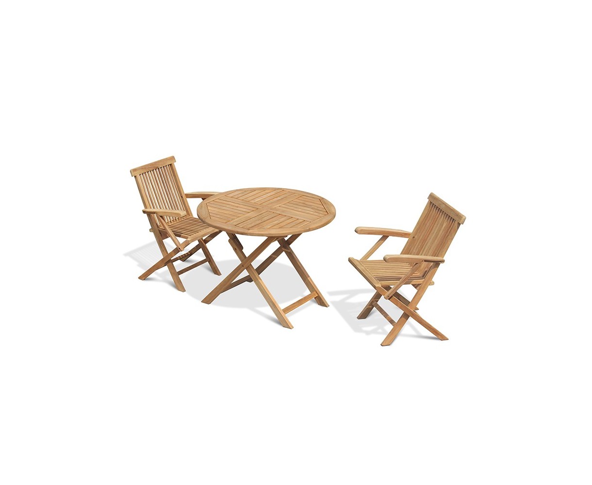 Chester Folding Teak Round Table 1m and 2 Low Back Armchairs