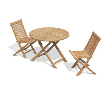 Suffolk Folding Teak Round Table 1m and 2 Low Back Dining Chairs