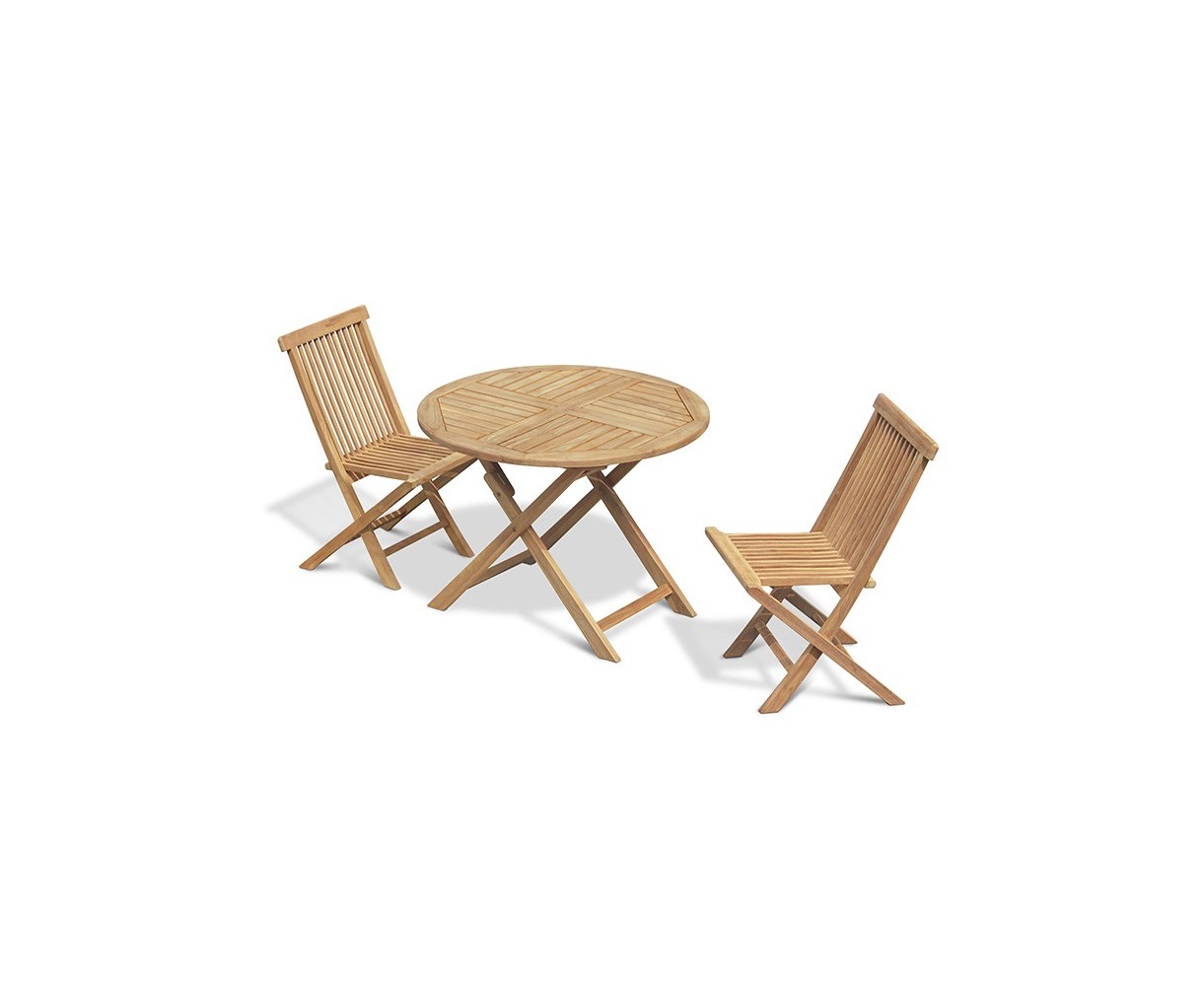 Chester Folding Teak Round Table 1m and 2 Low Back Dining Chairs