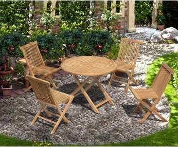 Suffolk Round Teak Table 1m and 4 Chester Folding Chairs Set