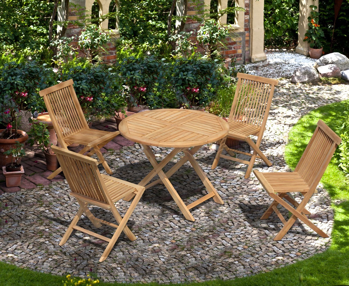 Suffolk Round Teak Table 1m and 4 Chester Folding Chairs Set