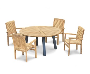 Disk 4 Seater Teak and Metal Dining Set with Bali Stacking Chairs