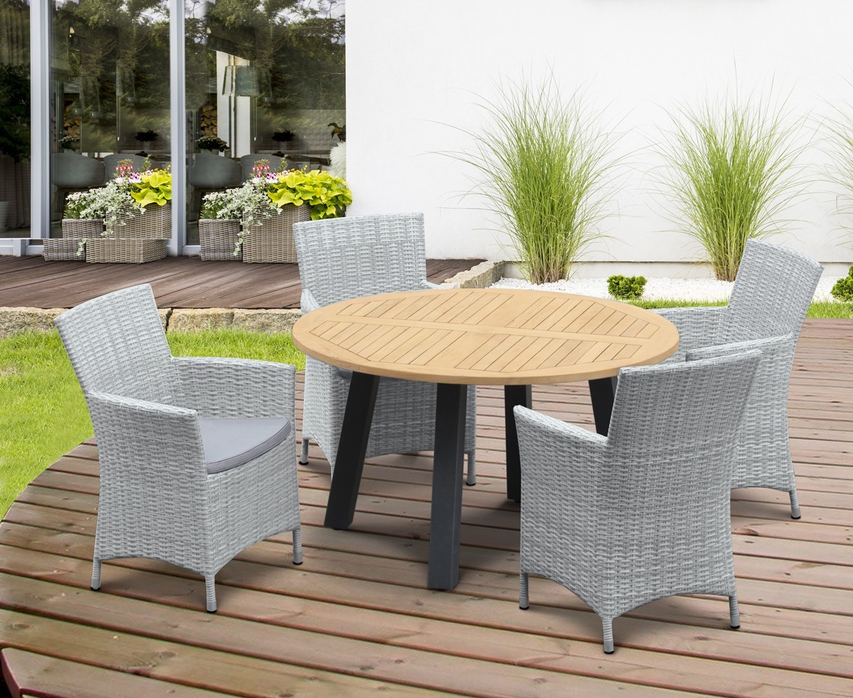 Disk 4 Seater Teak and Metal Dining Set and Riviera Armchairs