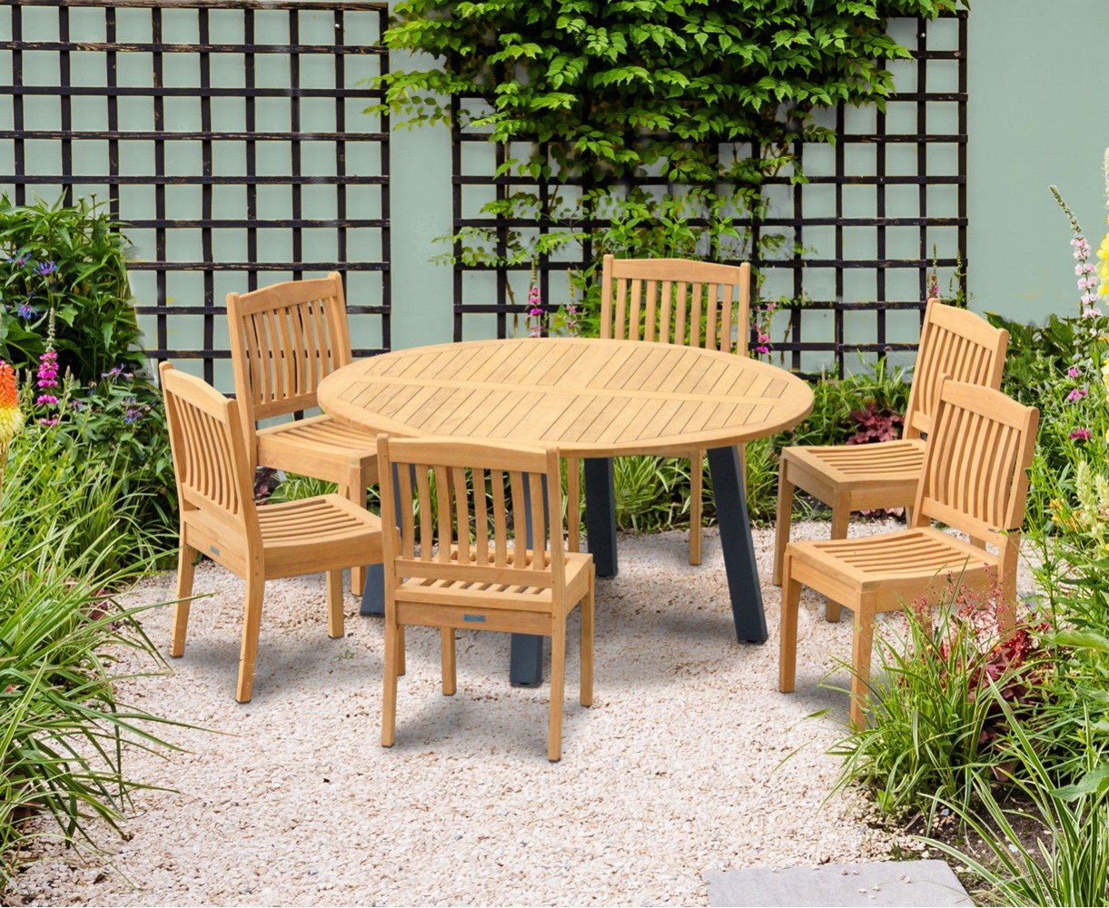 Disk 6 Seater Teak and Metal Dining Set and Hilgrove Stacking Chairs