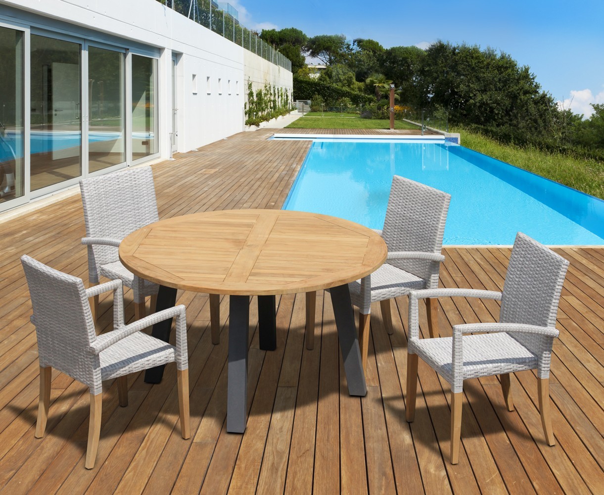 Disk 4 Seater Teak and Metal Dining Set and St. Tropez Stacking Chairs