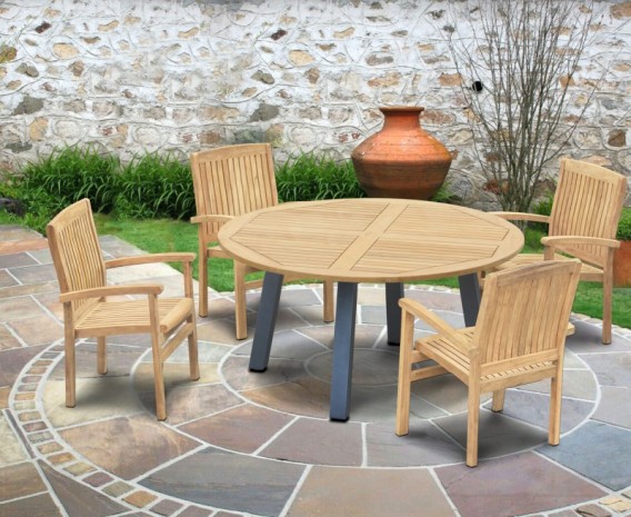 Disk 4 Seater Teak and Metal Dining Set with Bali Stacking Chairs