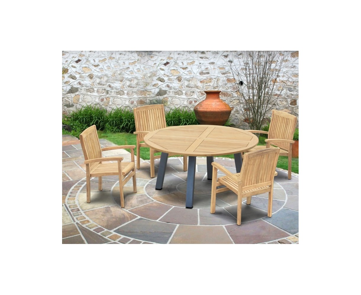 Disk 4 Seater Teak and Metal Dining Set with Bali Stacking Chairs