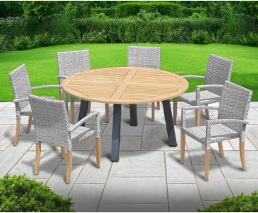 Disk 6 Seater Teak and Metal Dining Set with St. Tropez Stacking Chairs