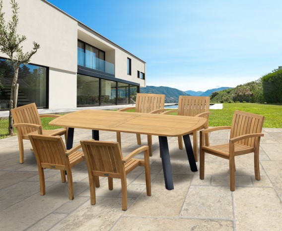 Disk 6 Seater Oval Teak and Metal Dining Set & Monaco Stacking Chairs
