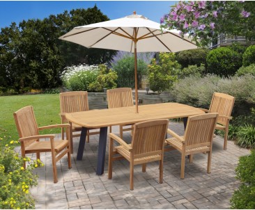 Disk 6 Seater Oval Teak and Metal Dining Set and Bali Stacking Chairs