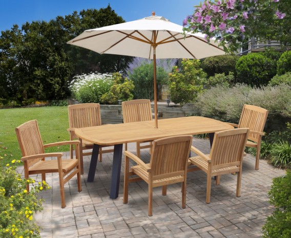 Disk 6 Seater Oval Teak and Metal Dining Set and Bali Stacking Chairs