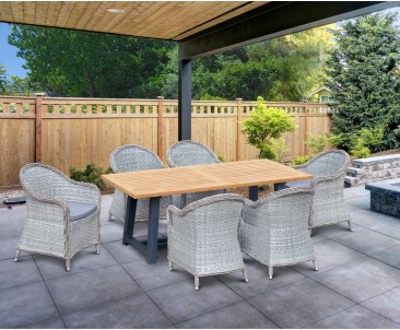 Teak Rectangular Trestle Table 2m and 6 Eaton Rattan Armchairs