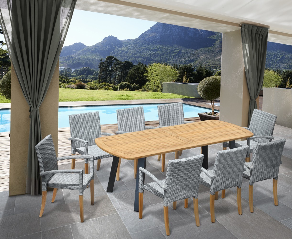 Disk 8 Seater Oval Teak and Metal Dining Set and St. Tropez Armchairs