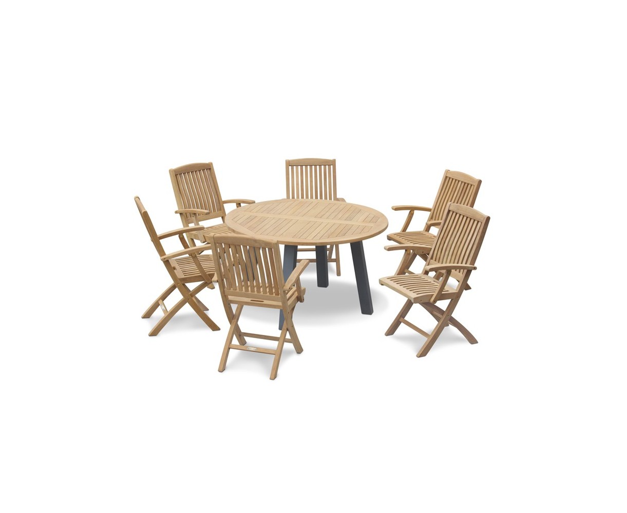 Disk 6 Seater Teak and Metal Dining Set and Bali Folding Armchairs