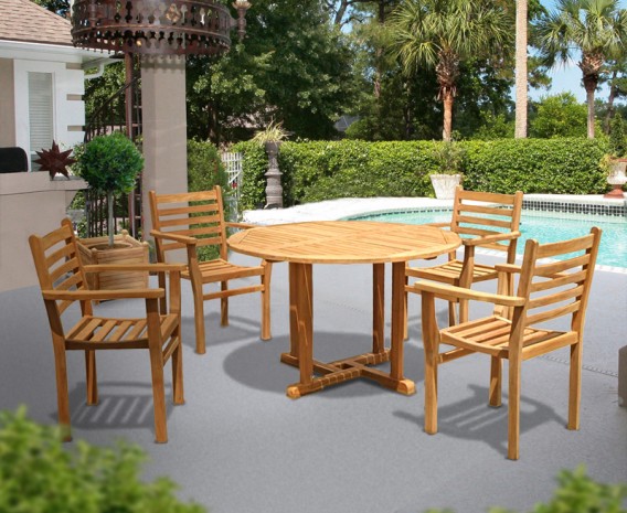 Canfield Round Teak Garden Table and 4 Stacking Chairs Set