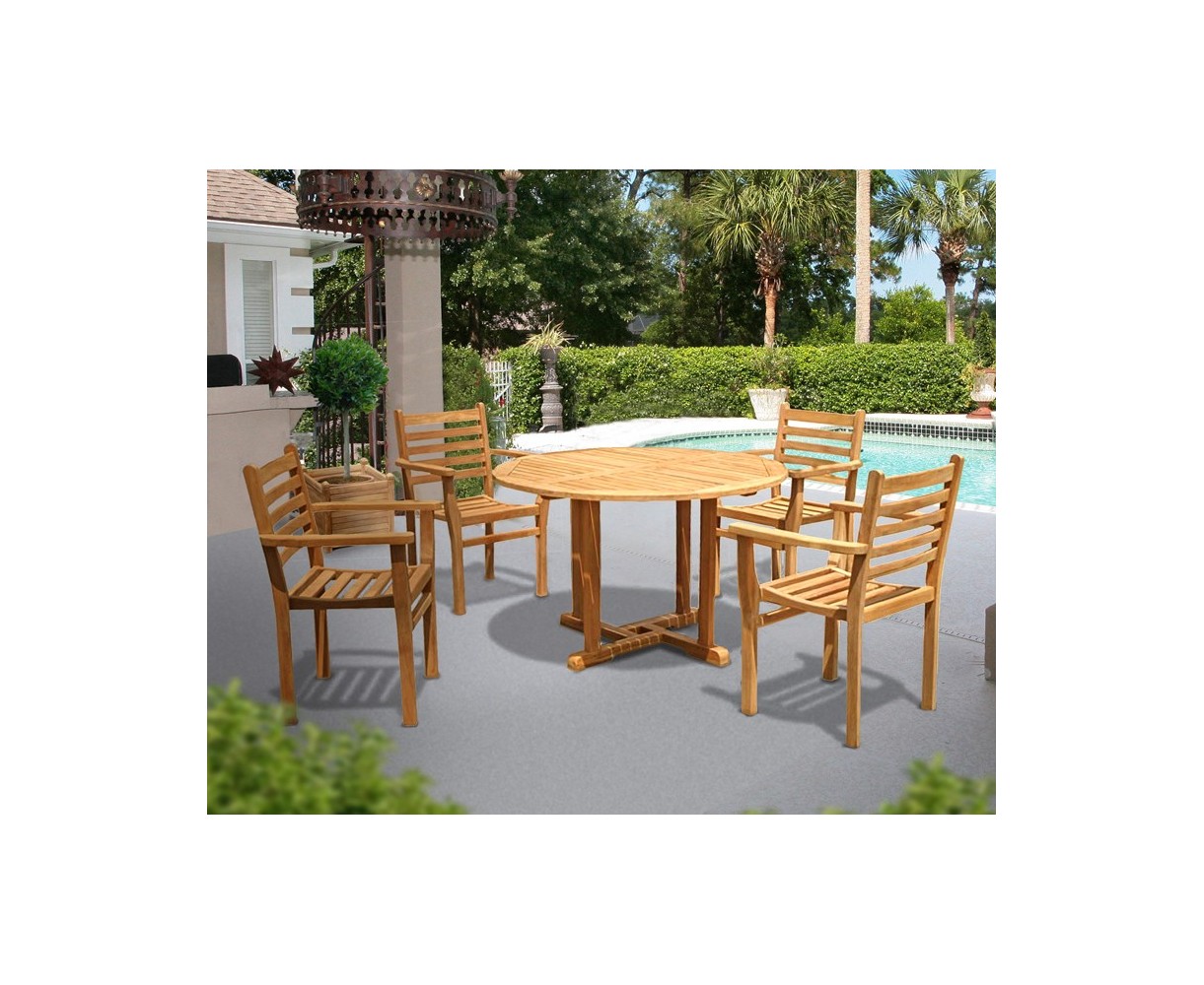 Canfield Round Teak Garden Table and 4 Stacking Chairs Set