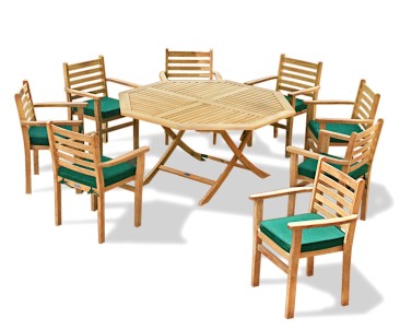 Suffolk Teak 8 Seat Octagonal Folding Table and Stackable Chairs Set