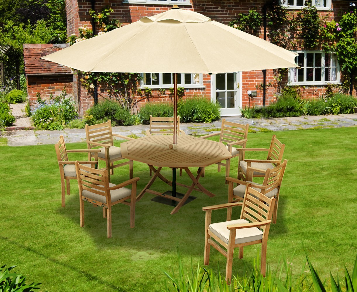 Suffolk Teak 8 Seat Octagonal Folding Table and Stackable Chairs Set