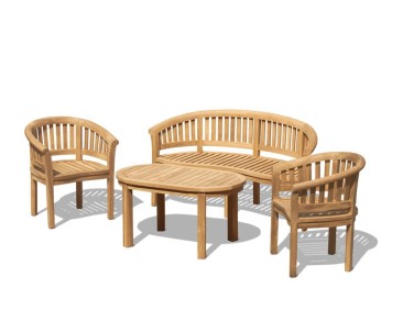 Modern Teak Banana Bench, Table and Chairs Set - Armchairs