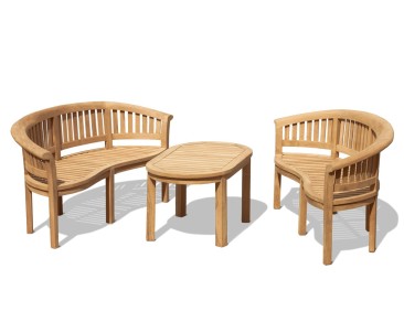 Deluxe Teak Coffee Table Set - Kidney Table, Bench and Chair Set