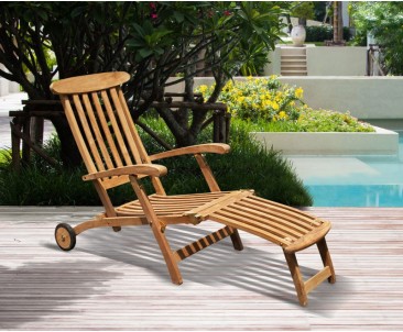 Halo Teak Steamer Chair with Cushion, Wheels & Brass Fittings