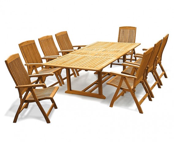 Dorchester Teak Extending Dining Set with 8 Bali Recliner Chairs
