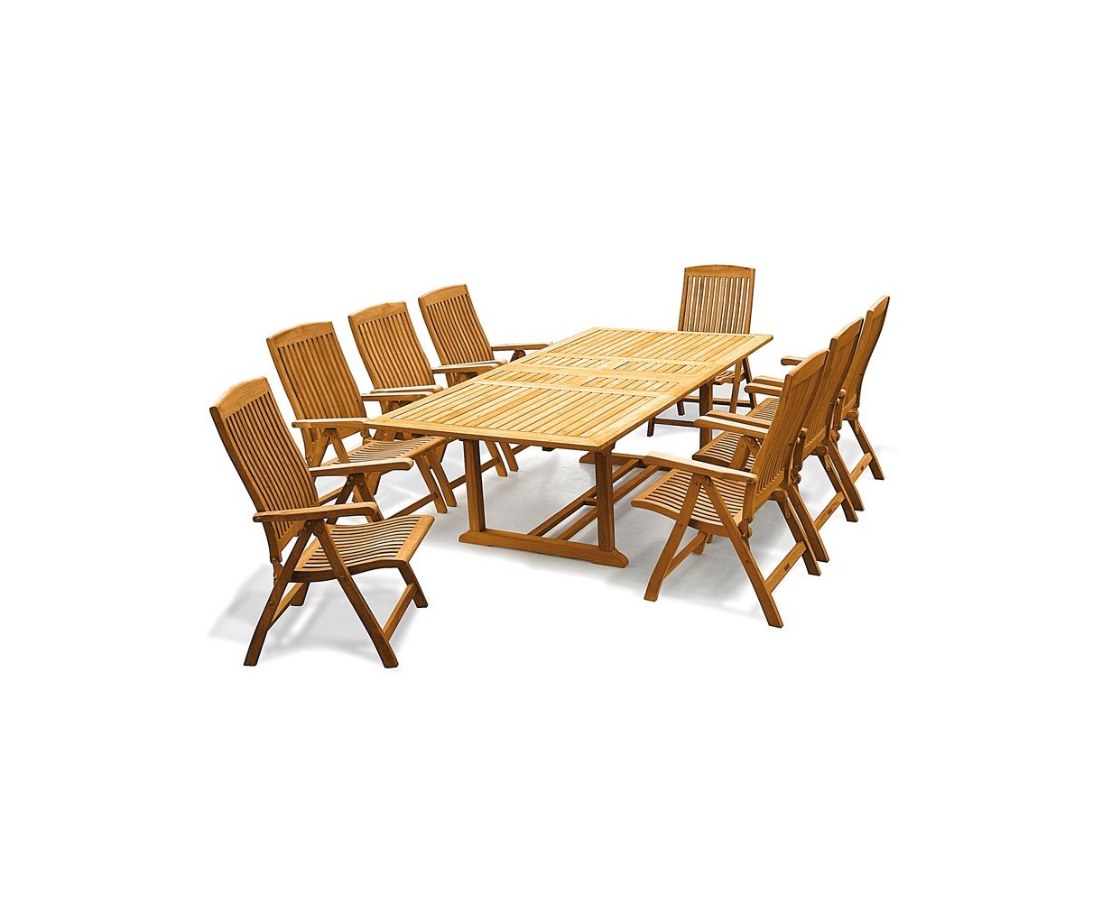 Dorchester Teak Extending Dining Set with 8 Bali Recliner Chairs