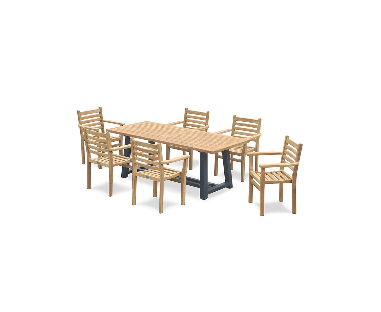 Bridgewater Teak Trestle Table 2m with 6 Yale Stacking Armchairs