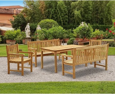 Sandringham Teak Chairs, Table and Benches Set - Rectangular Table