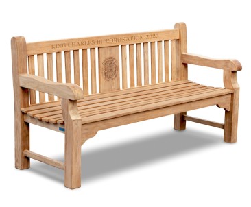 King Charles III Coronation Bench, Coronation Emblem, Teak - Balmoral 1.8m