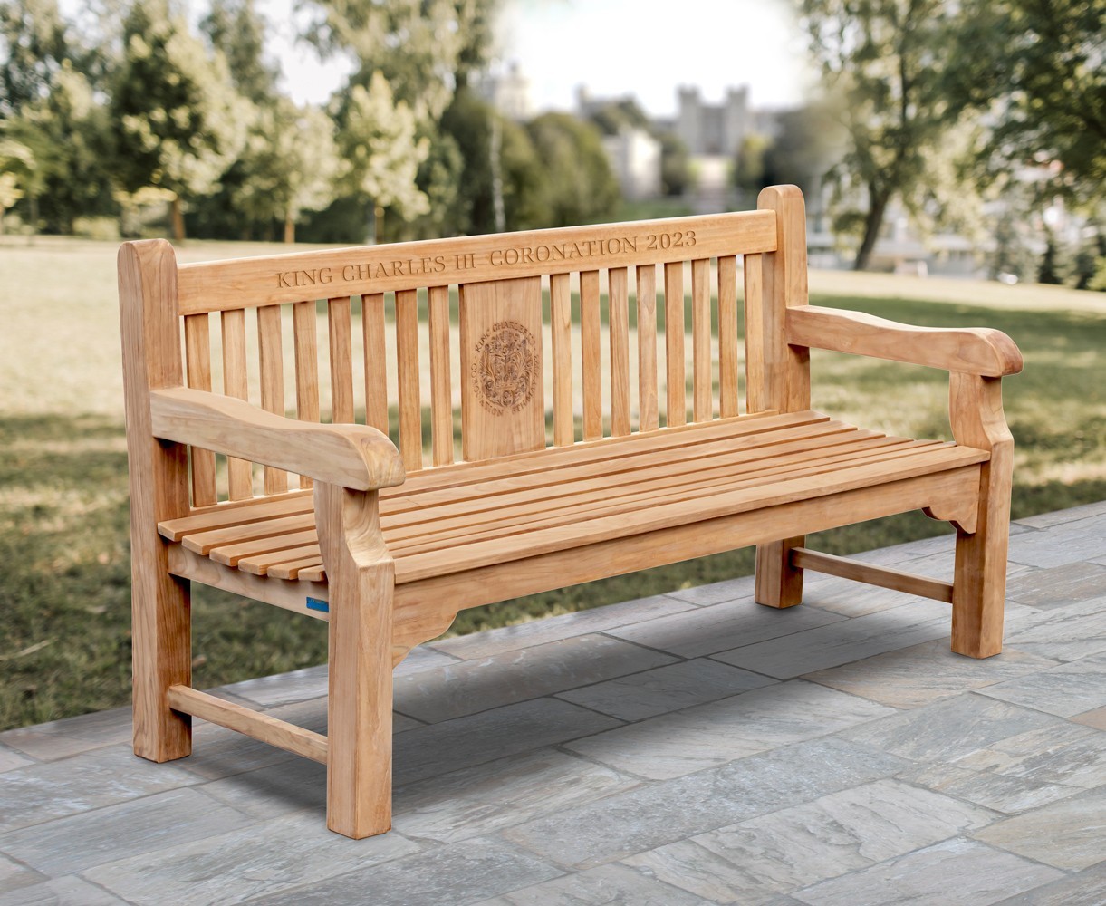 Balmoral Teak King Charles III Coronation Bench, Coronation Emblem - 1.8m