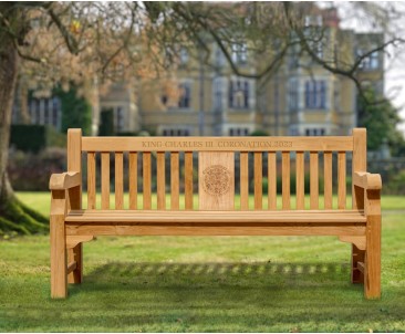 King Charles III Coronation Bench, Coronation Emblem, Teak - Balmoral 1.8m