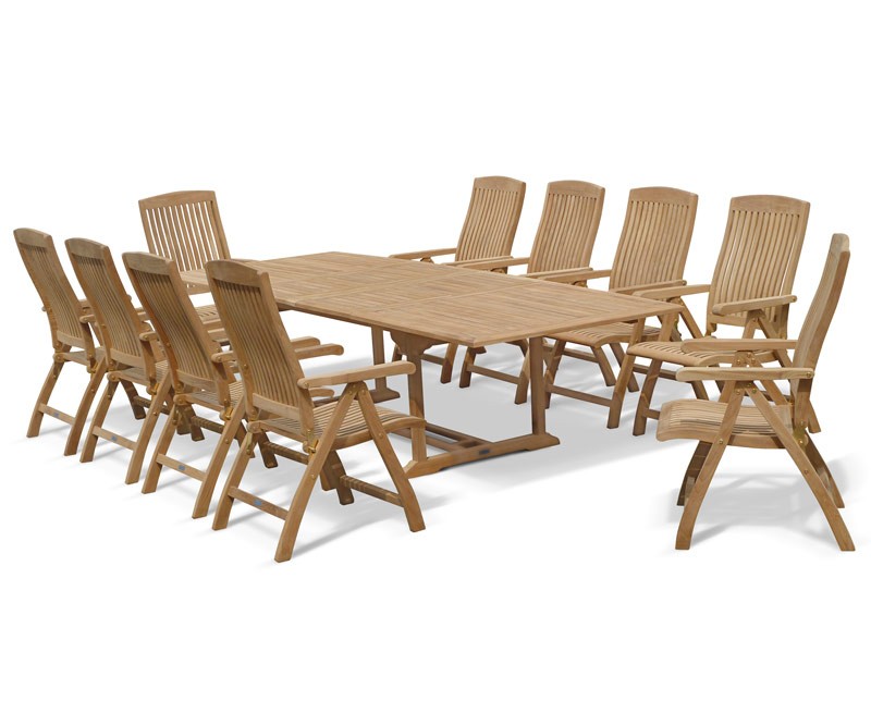 Dorchester Teak 3m Extendable Garden Table and 10 Reclining Chairs Set