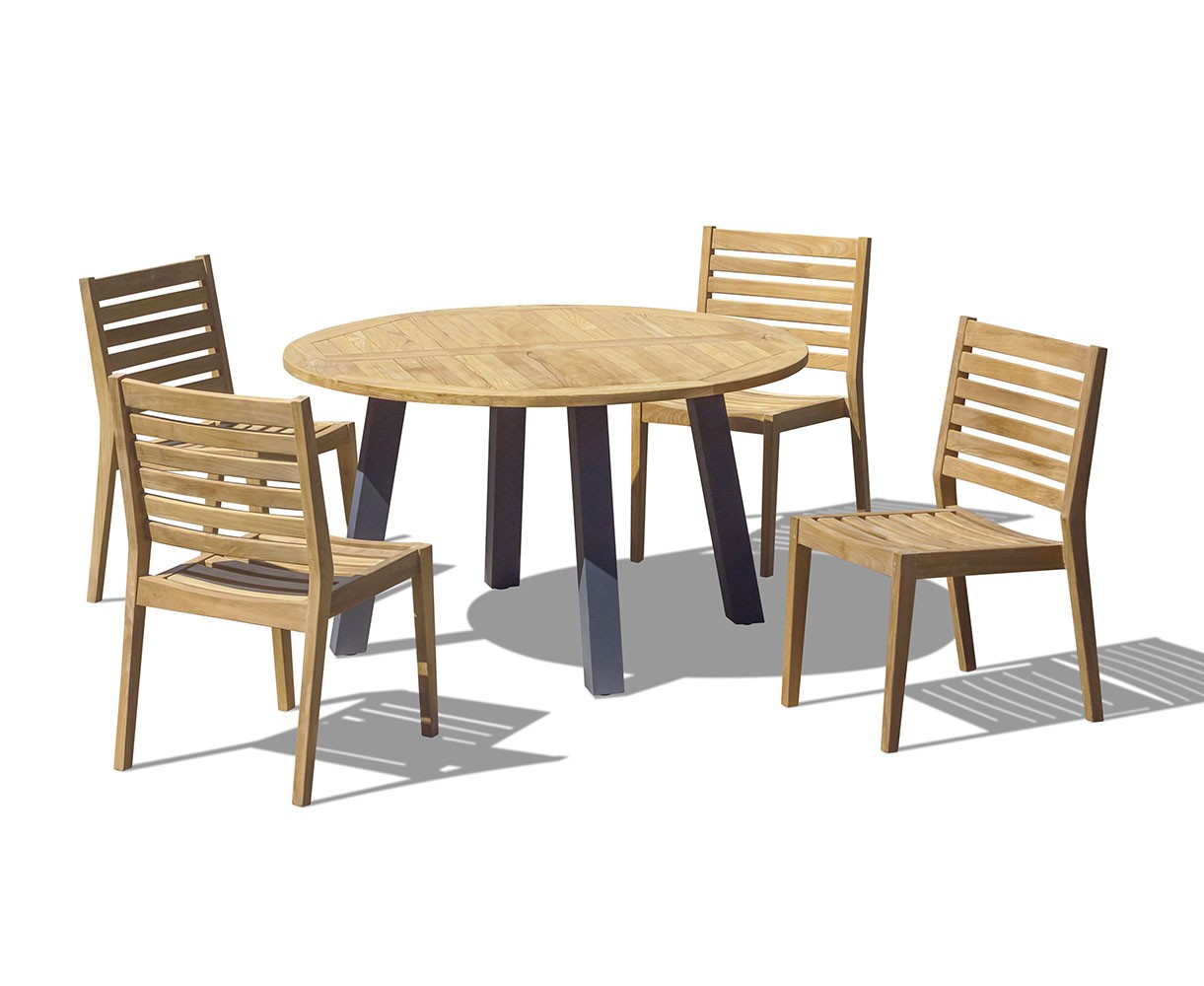 Disk Teak & Steel 130cm Round Table with 4 Vero Stacking Chairs