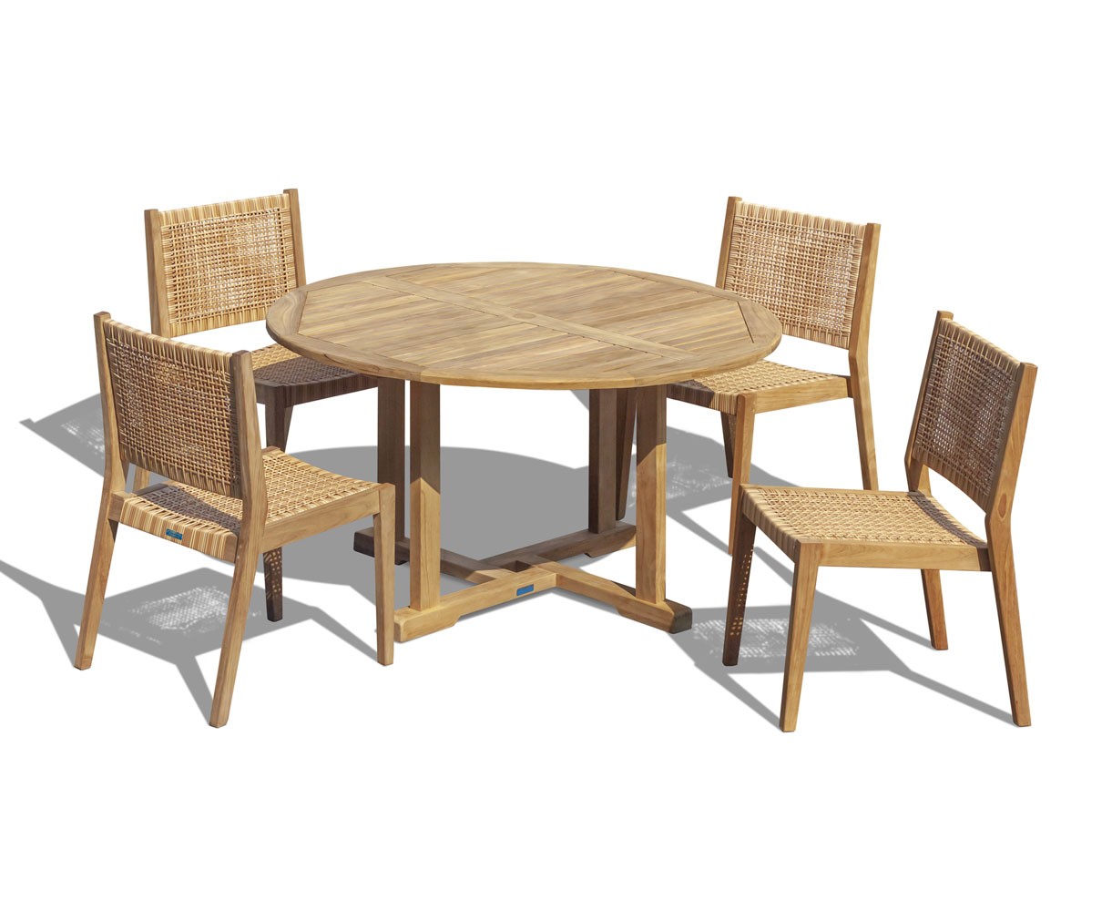 Canfield 1.3m Round Teak Set with 4 Sora Woven Stacking Chairs