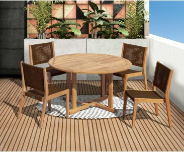 Canfield 1.3m Round Teak Set with 4 Sora Woven Stacking Chairs