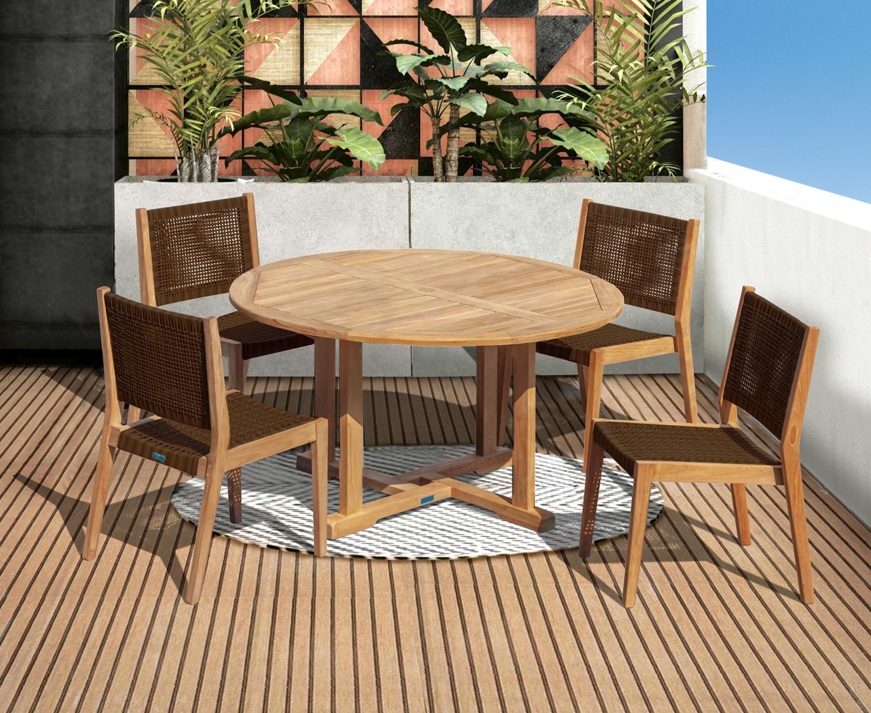Canfield 1.3m Round Teak Set with 4 Sora Woven Stacking Chairs