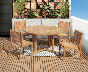 Canfield 1.3m Round Teak Set with 4 Sora Woven Stacking Chairs