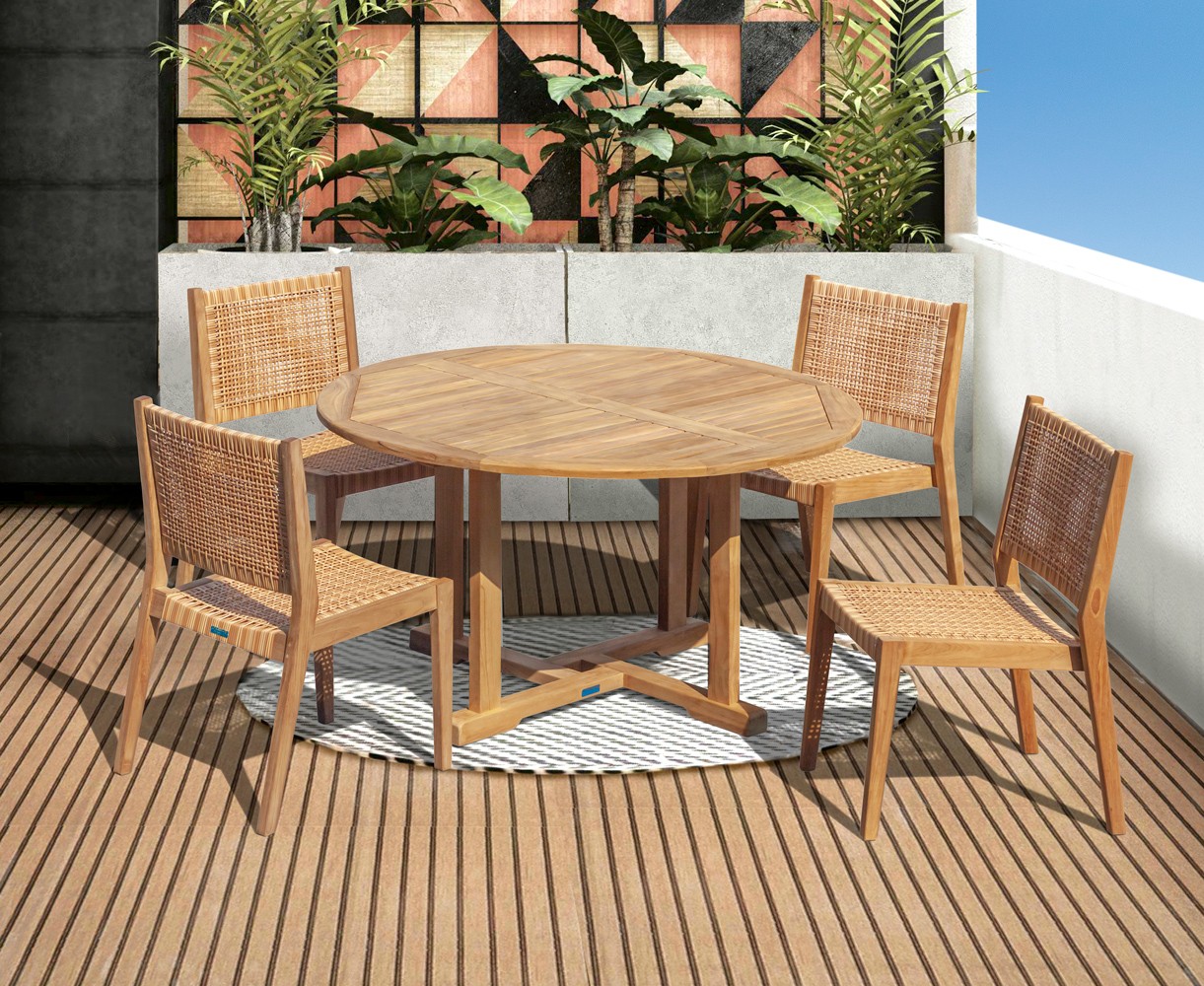 Canfield 1.3m Round Teak Set with 4 Sora Woven Stacking Chairs