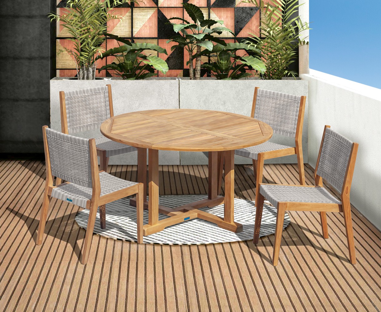 Canfield 1.3m Round Teak Set with 4 Sora Woven Stacking Chairs