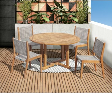 Canfield 1.3m Round Teak Set with 4 Sora Woven Stacking Chairs